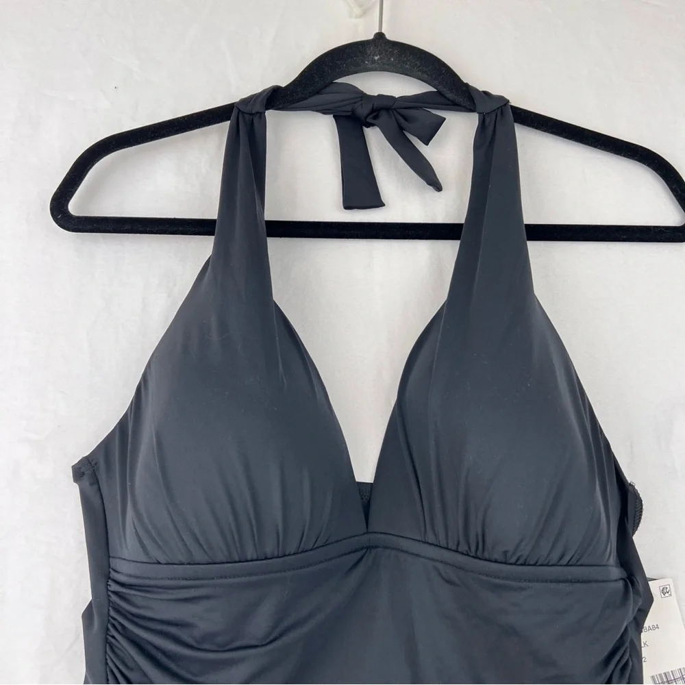 NWT La Blanca Black Island Goddess Solid Halter Tankini Top LB Sz 12 Beach
